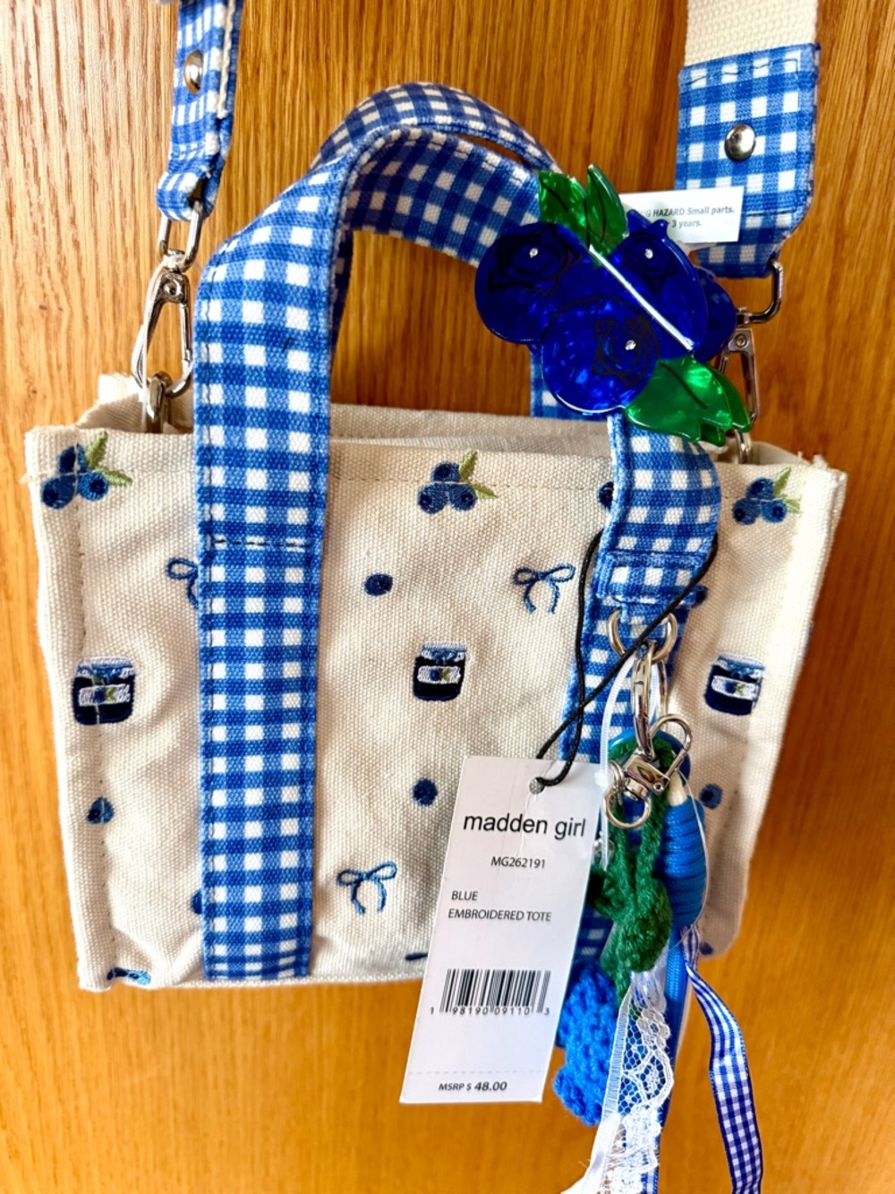 NWT Madden Girl Blue Gingham Embroidered Mini Canvas Tote with blueberry accents
